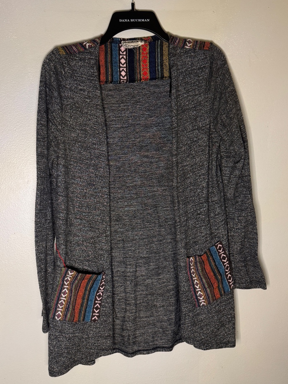 Skonhet Gray Open-Front Cardigan with Multicolor Tribal Trim